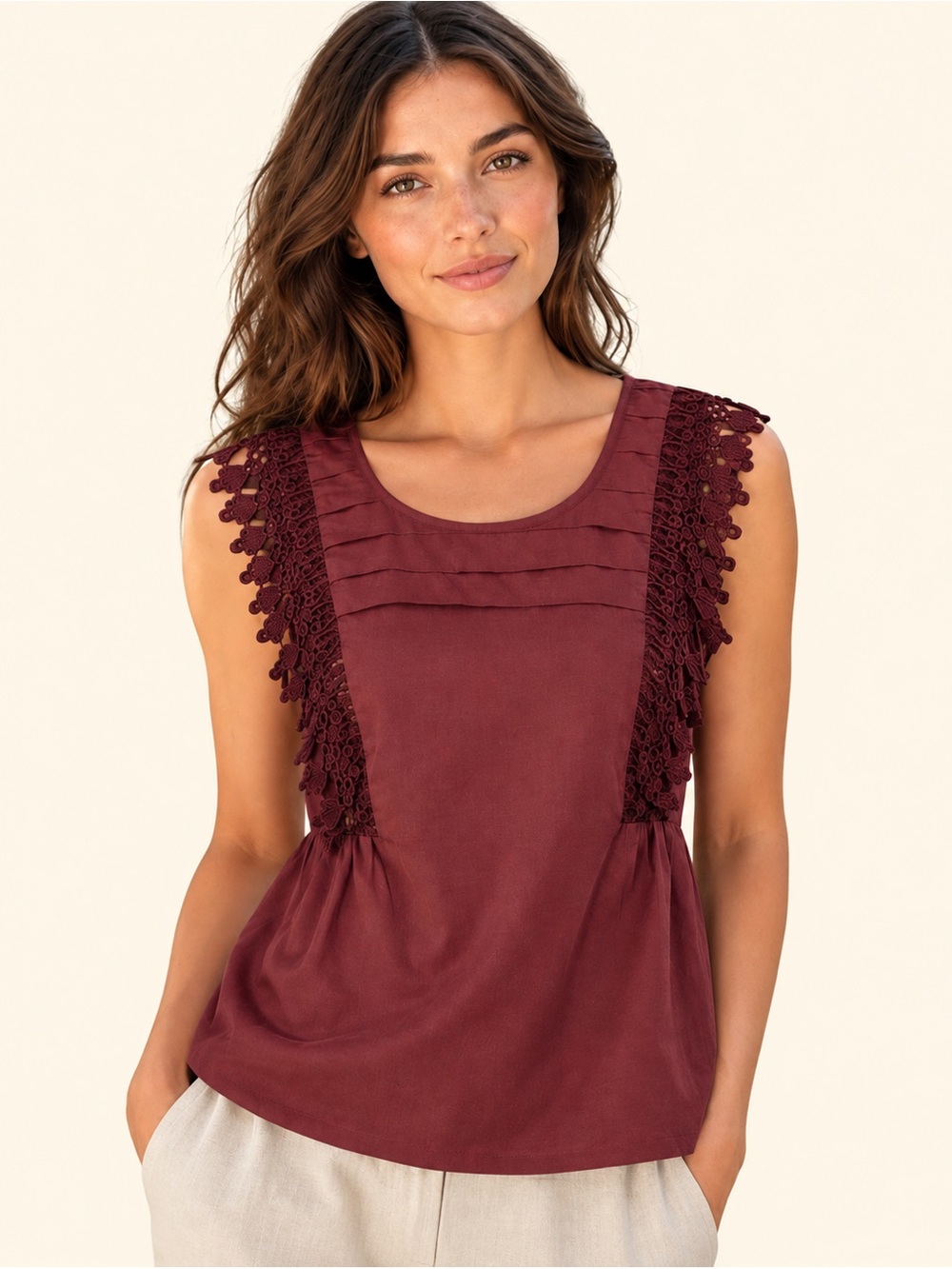 Anthropologie Odille Espresso Lace Trim Linen Top Romantic Cottagecore Size 2